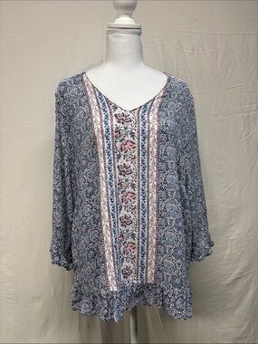 Cynthia Rowley Blue and Pink Paisley V-Neck Blouse